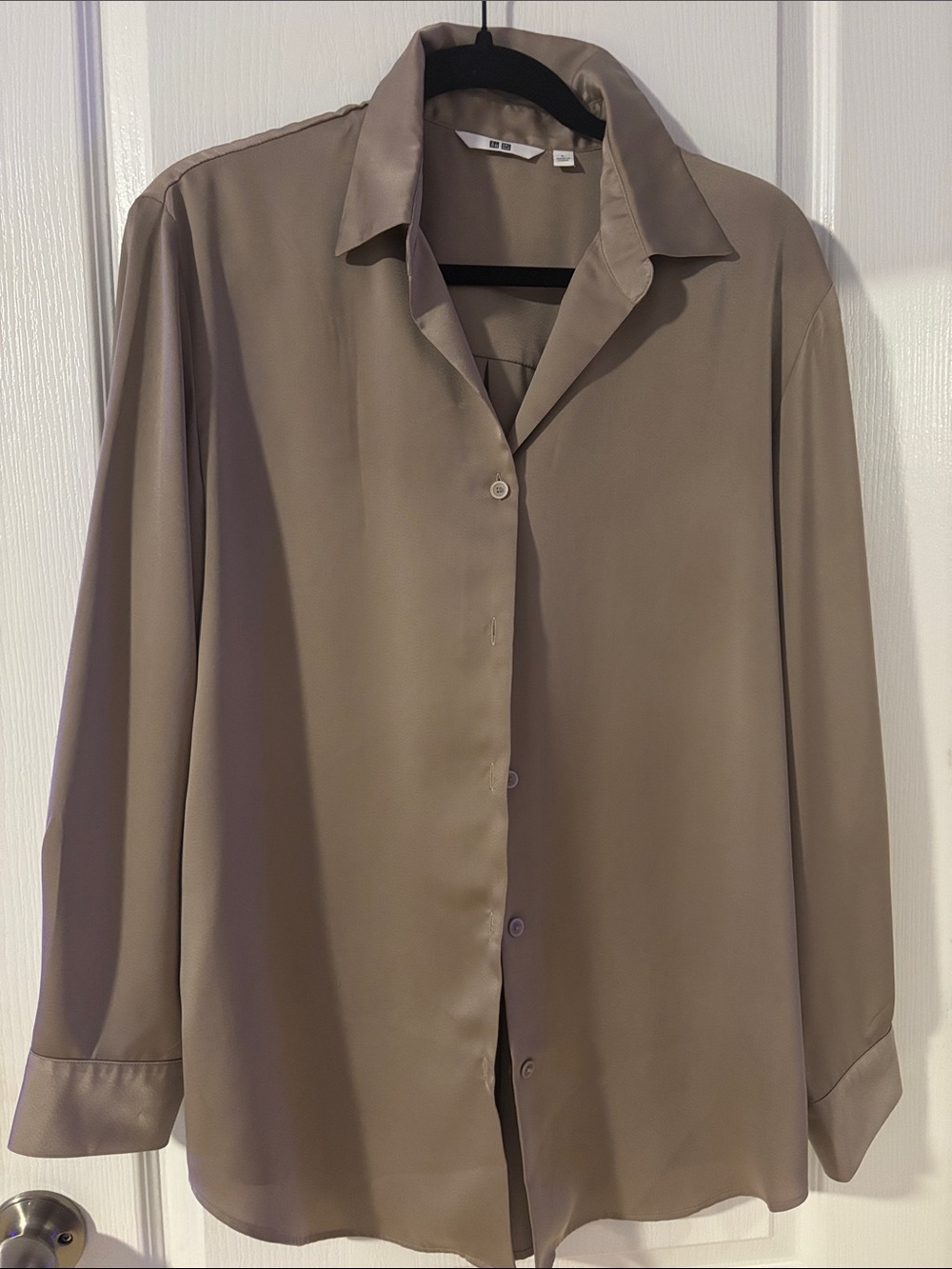 Uniqlo Satin-Look Taupe Button Blouse